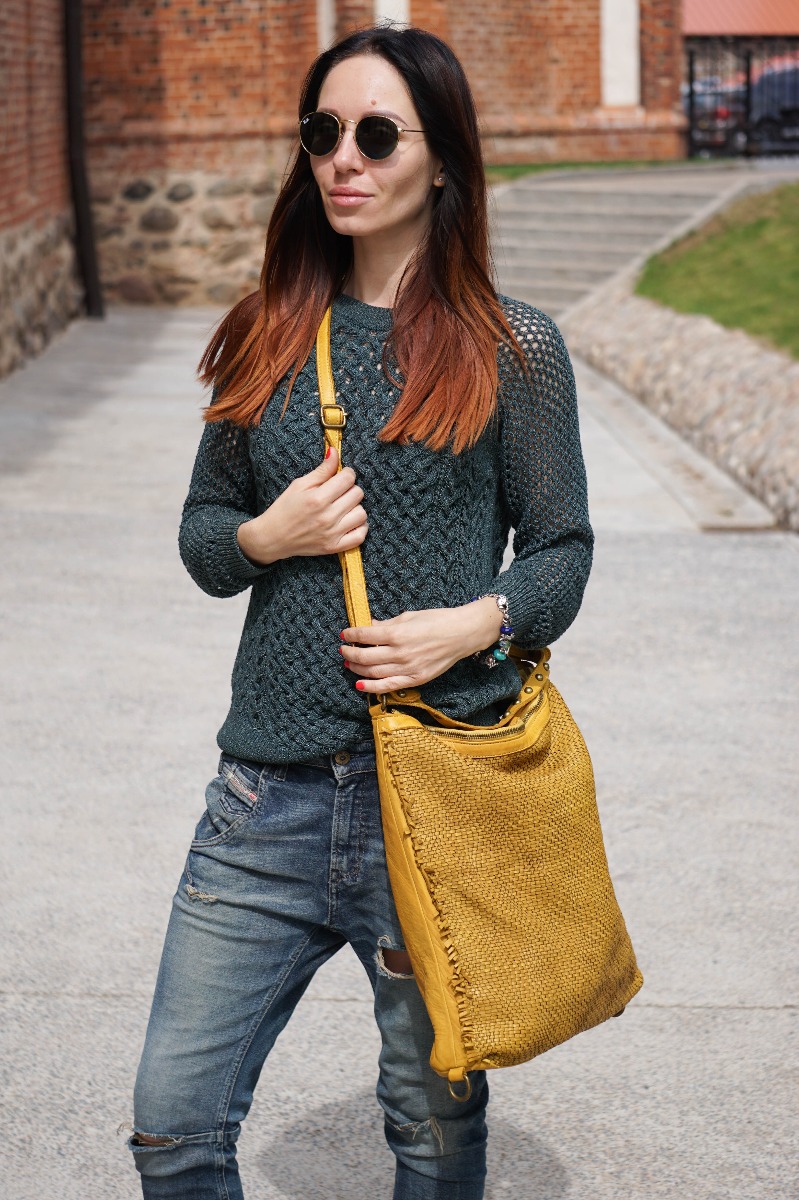 Natūralios odos moteriška kuprinė ir rankinė geltonos spalvos