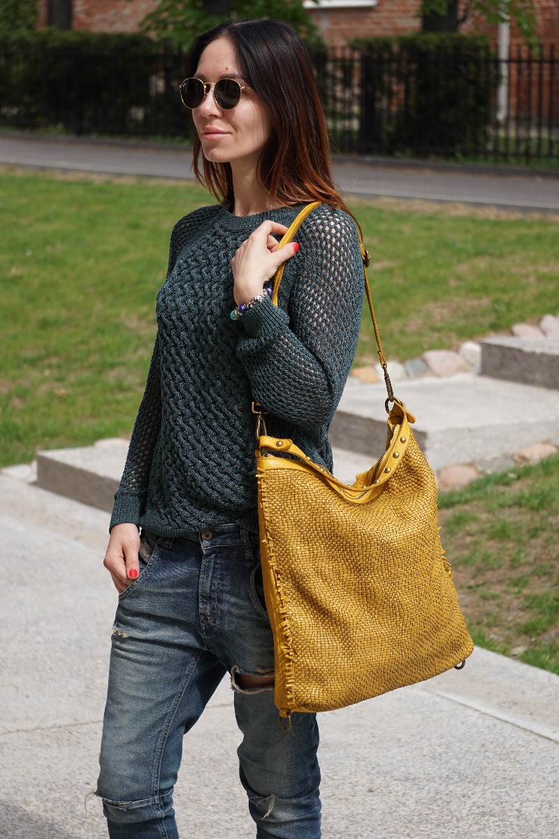 Natūralios odos moteriška kuprinė ir rankinė geltonos spalvos