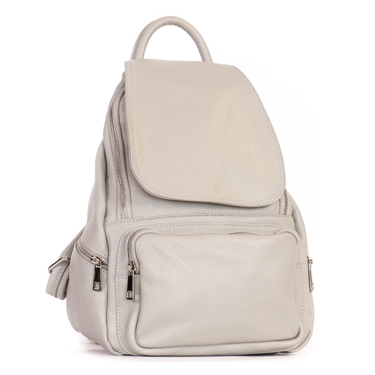 Šviesios pastelinės pilkos spalvos odinė kuprinė