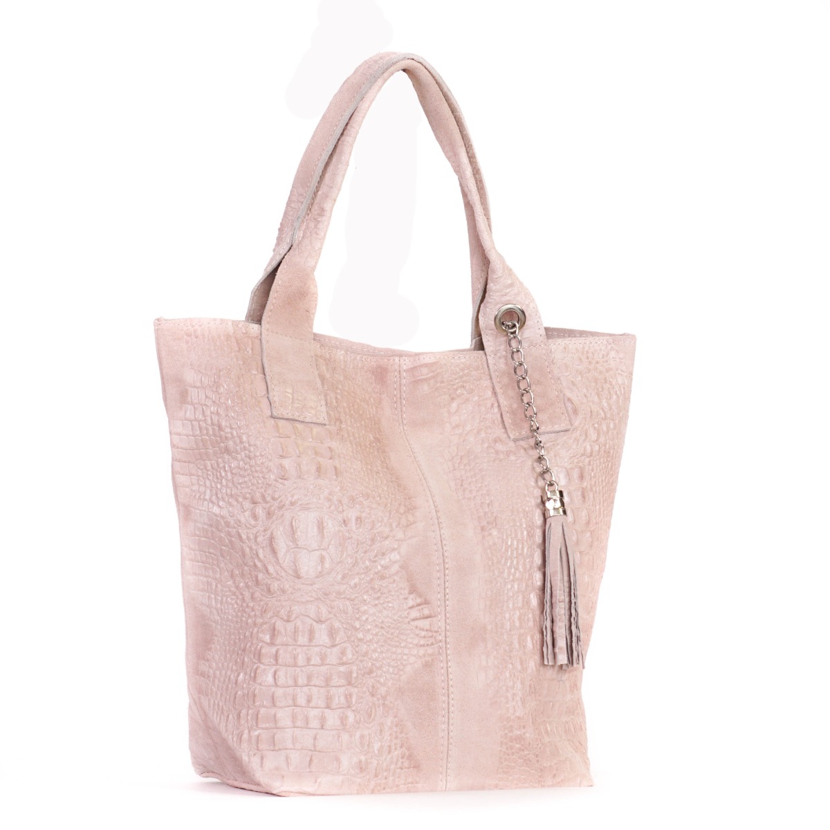 Rožinė verstos odos rankinė su roplio rašto padailinimu