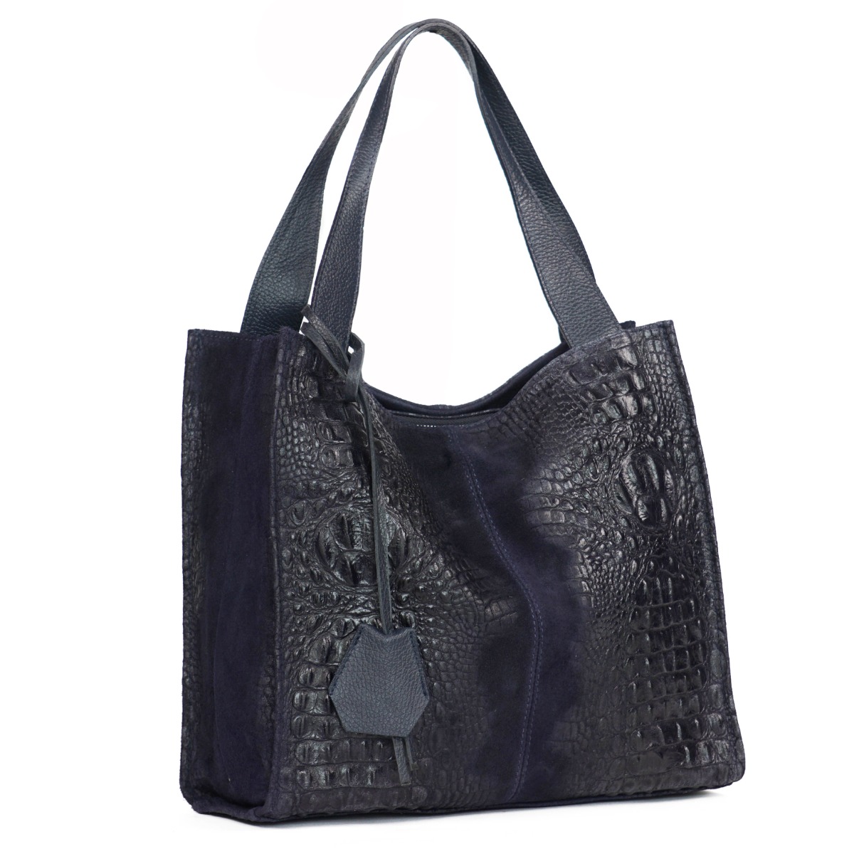 Tamsiai mėlyna verstos odos rankinė su roplio odos išvaizda