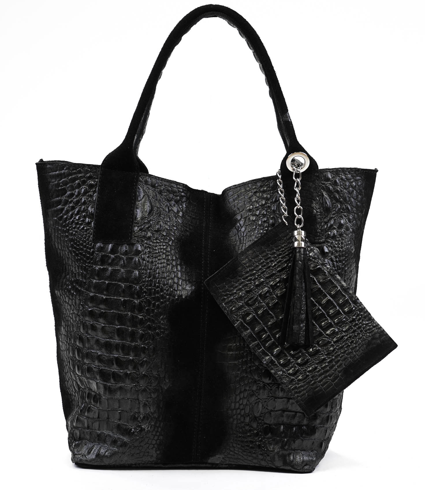 Juoda verstos odos rankinė su krokodilo raštu 