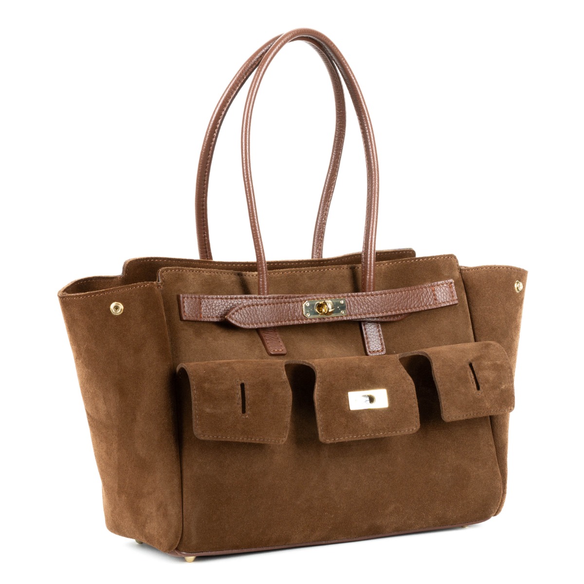 Ruda prabangi versto odos rankinė su auksiniais akcentais