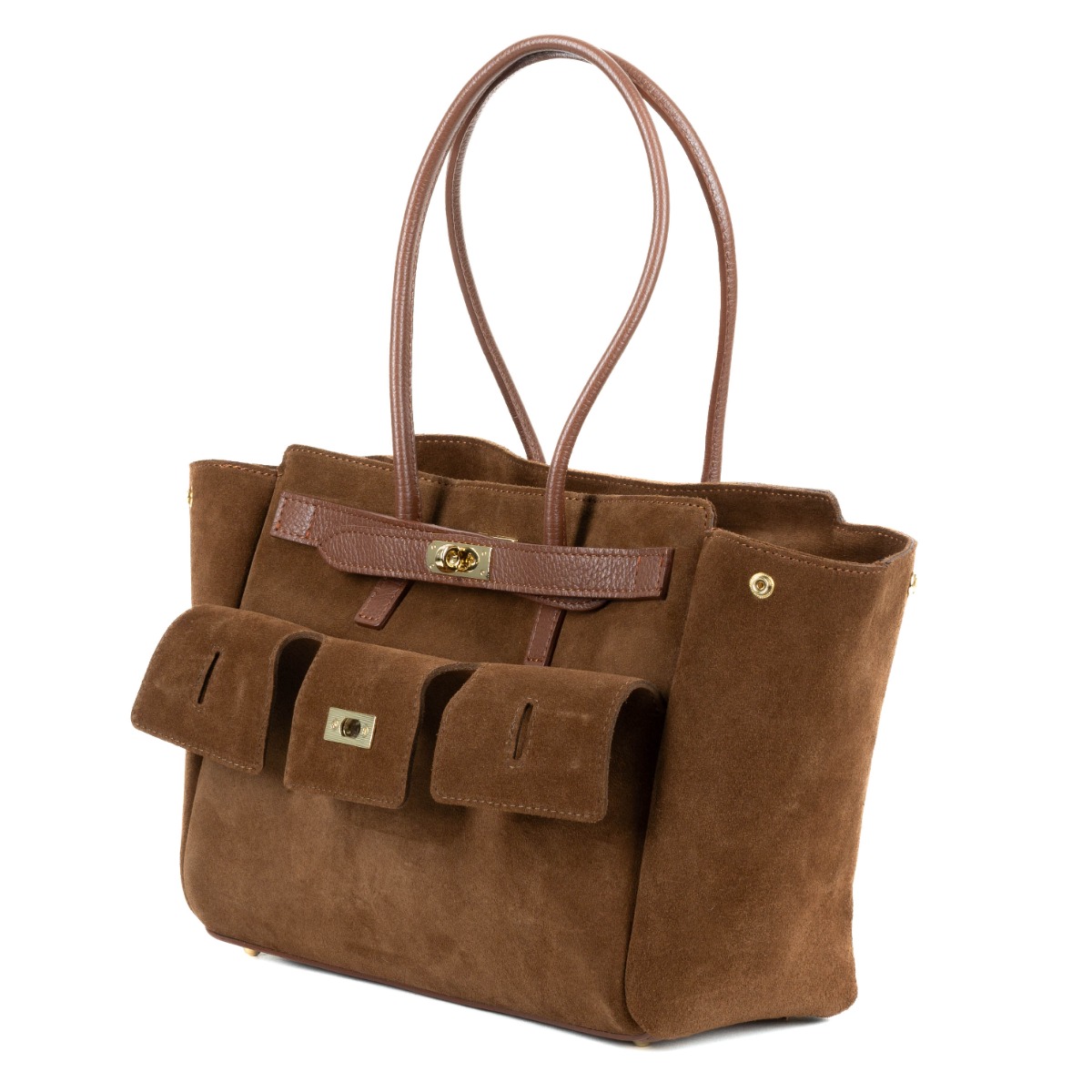 Ruda prabangi versto odos rankinė su auksiniais akcentais