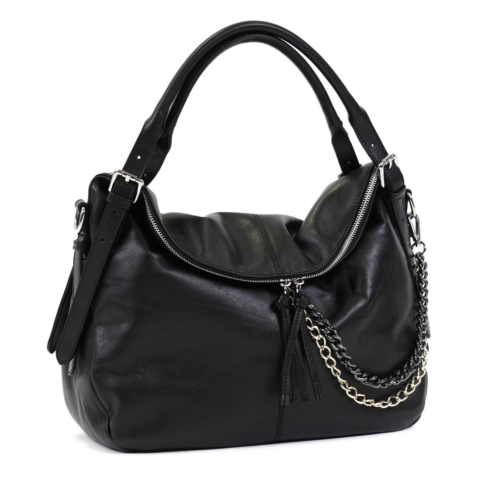 Natūralios odos Itališka juoda rankinė dekoruota grandinėlėmis