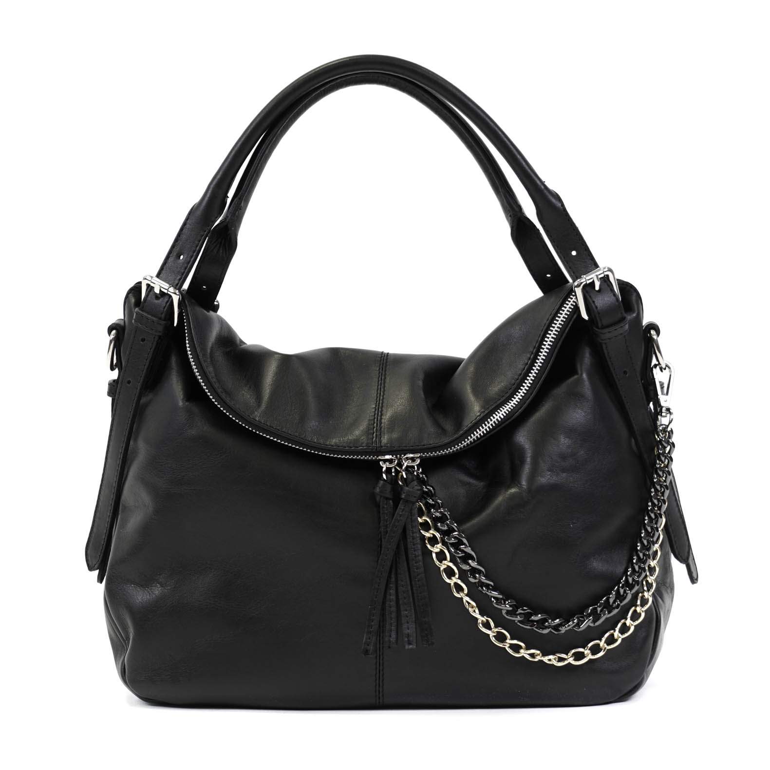 Natūralios odos Itališka juoda rankinė dekoruota grandinėlėmis